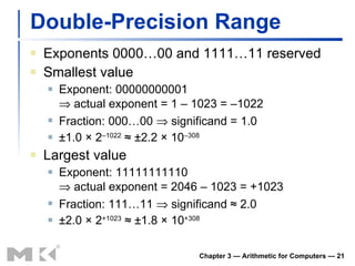 Double-Precision Range Exponents 0000…00 and 1111…11 reserved Smallest value Exponent: 00000000001   actual exponent = 1 – 1023 = –1022 Fraction: 000…00    significand = 1.0 ±1.0 × 2 –1022  ≈ ±2.2 × 10 –308 Largest value Exponent: 11111111110   actual exponent = 2046 – 1023 = +1023 Fraction: 111…11    significand ≈ 2.0 ±2.0 × 2 +1023  ≈ ±1.8 × 10 +308 Chapter 3 — Arithmetic for Computers —  