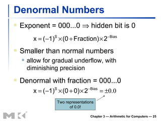 Denormal Numbers Exponent = 000...0    hidden bit is 0 Chapter 3 — Arithmetic for Computers —  Smaller than normal numbers allow for gradual underflow, with diminishing precision Denormal with fraction = 000...0 Two representations of 0.0! 