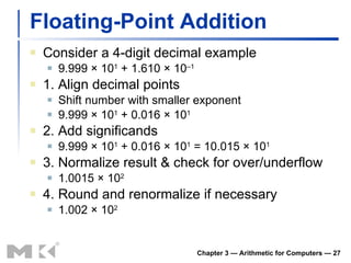 Floating-Point Addition Consider a 4-digit decimal example 9.999 × 10 1  + 1.610 × 10 –1 1. Align decimal points Shift number with smaller exponent 9.999 × 10 1  + 0.016 × 10 1 2. Add significands 9.999 × 10 1  + 0.016 × 10 1  = 10.015 × 10 1 3. Normalize result & check for over/underflow 1.0015 × 10 2 4. Round and renormalize if necessary 1.002 × 10 2 Chapter 3 — Arithmetic for Computers —  