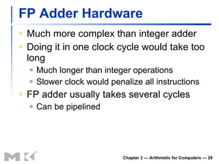 FP Adder Hardware Much more complex than integer adder Doing it in one clock cycle would take too long Much longer than integer operations Slower clock would penalize all instructions FP adder usually takes several cycles Can be pipelined Chapter 3 — Arithmetic for Computers —  