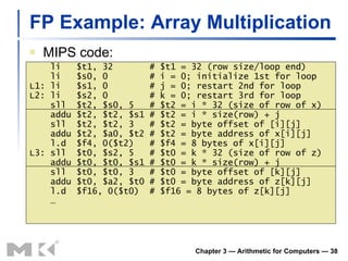 FP Example: Array Multiplication Chapter 3 — Arithmetic for Computers —  MIPS code: li  $t1, 32  # $t1 = 32 (row size/loop end)   li  $s0, 0  # i = 0; initialize 1st for loop L1: li  $s1, 0  # j = 0; restart 2nd for loop L2: li  $s2, 0  # k = 0; restart 3rd for loop   sll  $t2, $s0, 5  # $t2 = i * 32 (size of row of x)   addu $t2, $t2, $s1 # $t2 = i * size(row) + j   sll  $t2, $t2, 3  # $t2 = byte offset of [i][j]   addu $t2, $a0, $t2 # $t2 = byte address of x[i][j]   l.d  $f4, 0($t2)  # $f4 = 8 bytes of x[i][j] L3: sll  $t0, $s2, 5  # $t0 = k * 32 (size of row of z)   addu $t0, $t0, $s1 # $t0 = k * size(row) + j   sll  $t0, $t0, 3  # $t0 = byte offset of [k][j]   addu $t0, $a2, $t0 # $t0 = byte address of z[k][j]   l.d  $f16, 0($t0)  # $f16 = 8 bytes of z[k][j]   … 