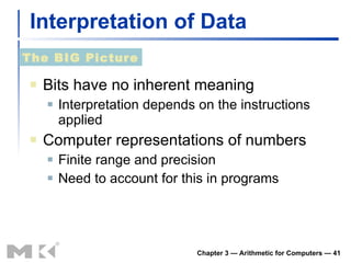 Interpretation of Data Bits have no inherent meaning Interpretation depends on the instructions applied Computer representations of numbers Finite range and precision Need to account for this in programs Chapter 3 — Arithmetic for Computers —  The BIG Picture 