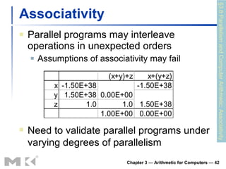 Associativity Parallel programs may interleave operations in unexpected orders Assumptions of associativity may fail Chapter 3 — Arithmetic for Computers —  §3.6 Parallelism and Computer Arithmetic: Associativity Need to validate parallel programs under varying degrees of parallelism 