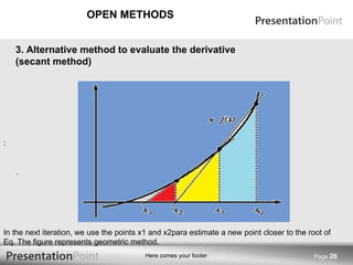 OPEN METHODS Page  3.  Alternative method to evaluate the derivative (secant method) .  :   In the next iteration, we use the points x1 and x2para estimate a new point closer to the root of Eq.  The figure represents geometric method. 