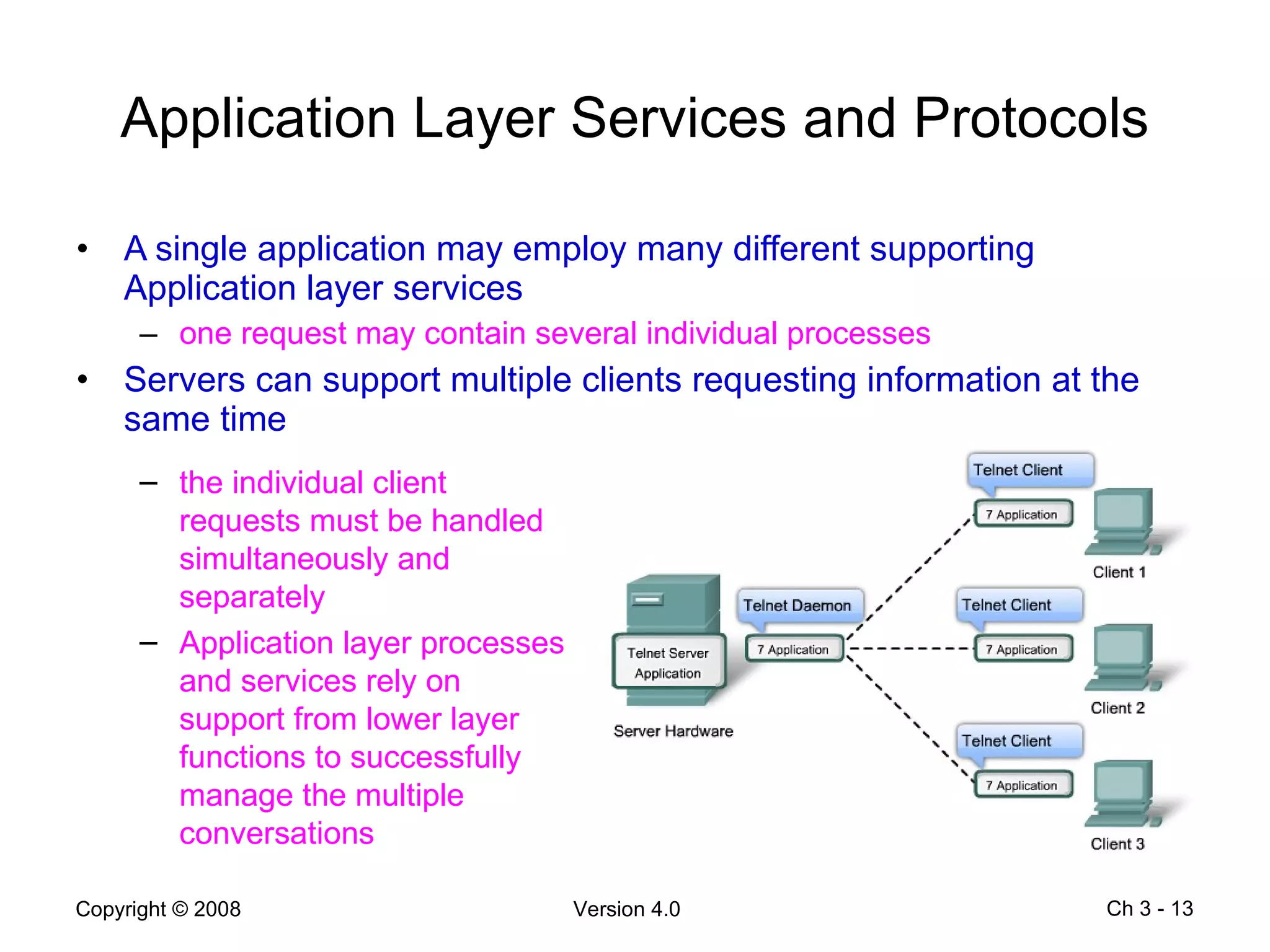 Application Layer Services and Protocols A single application may employ many different supporting Application layer services one request may contain several individual processes Servers can support multiple clients requesting information at the same time Ch 3 -  the individual client requests must be handled simultaneously and separately Application layer processes and services rely on support from lower layer functions to successfully manage the multiple conversations 