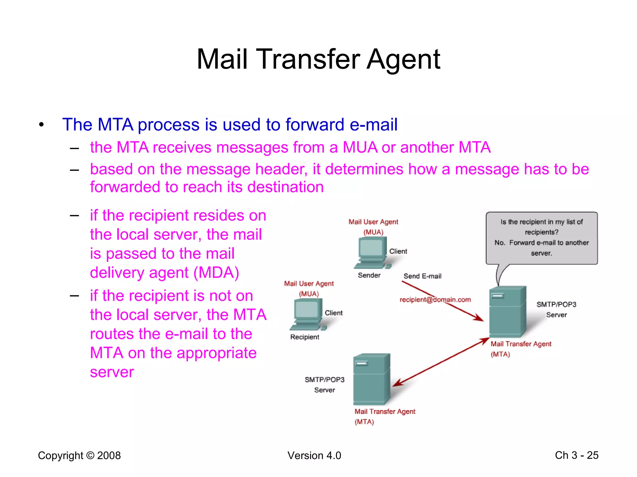 Mail Transfer Agent The MTA process is used to forward e-mail the MTA receives messages from a MUA or another MTA based on the message header, it determines how a message has to be forwarded to reach its destination Ch 3 -  if the recipient resides on the local server, the mail is passed to the mail delivery agent (MDA) if the recipient is not on the local server, the MTA routes the e-mail to the MTA on the appropriate server 