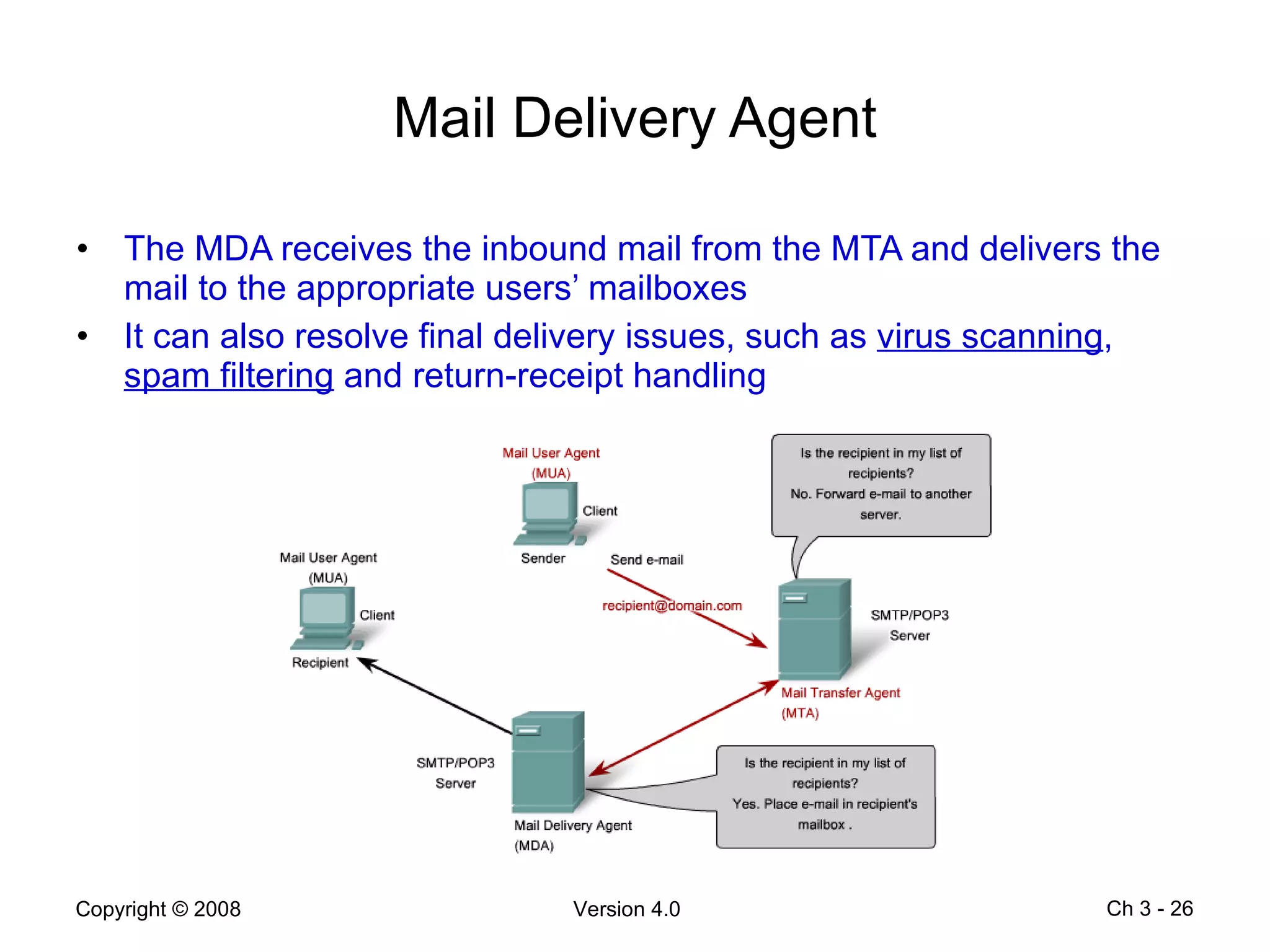 Mail Delivery Agent The MDA receives the inbound mail from the MTA and delivers the mail to the appropriate users’ mailboxes It can also resolve final delivery issues, such as  virus scanning ,  spam filtering  and return-receipt handling Ch 3 -  