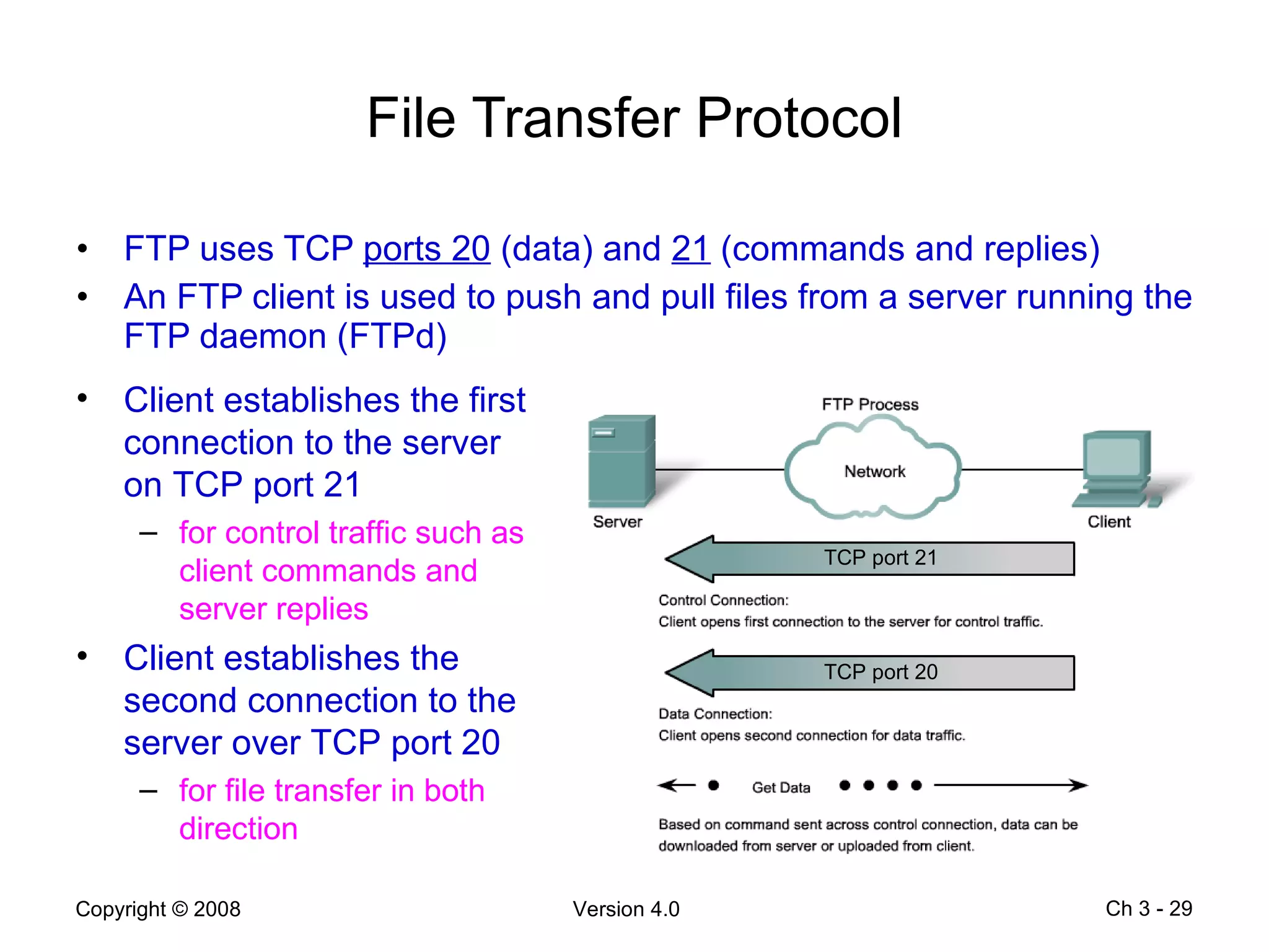 File Transfer Protocol FTP uses TCP  ports 20  (data) and  21  (commands and replies) An FTP client is used to push and pull files from a server running the FTP daemon (FTPd) Ch 3 -  Client establishes the first connection to the server on TCP port 21 for control traffic such as client commands and server replies Client establishes the second connection to the server over TCP port 20 for file transfer in both direction TCP port 21 TCP port 20 