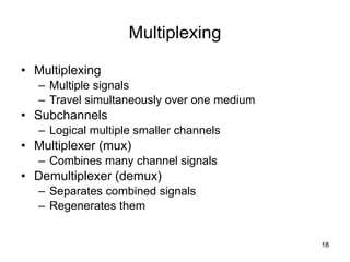 Multiplexing Multiplexing Multiple signals Travel simultaneously over one medium Subchannels Logical multiple smaller channels Multiplexer (mux) Combines many channel signals Demultiplexer (demux) Separates combined signals Regenerates them 