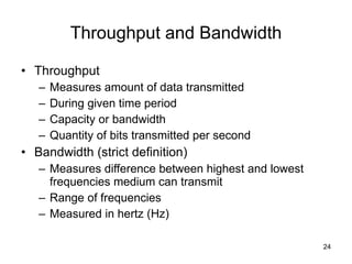 Throughput and Bandwidth Throughput  Measures amount of data transmitted During given time period Capacity or bandwidth Quantity of bits transmitted per second Bandwidth (strict definition) Measures difference between highest and lowest frequencies medium can transmit Range of frequencies Measured in hertz (Hz) 
