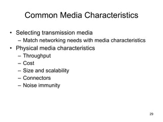 Common Media Characteristics Selecting transmission media Match networking needs with media characteristics Physical media characteristics Throughput Cost Size and scalability Connectors Noise immunity 