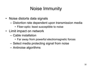Noise Immunity Noise distorts data signals Distortion rate dependent upon transmission media Fiber-optic: least susceptible to noise Limit impact on network Cable installation Far away from powerful electromagnetic forces Select media protecting signal from noise Antinoise algorithms 