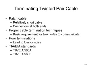 Terminating Twisted Pair Cable Patch cable Relatively short cable Connectors at both ends Proper cable termination techniques Basic requirement for two nodes to communicate Poor terminations Lead to loss or noise TIA/EIA standards TIA/EIA 568A TIA/EIA 568B 