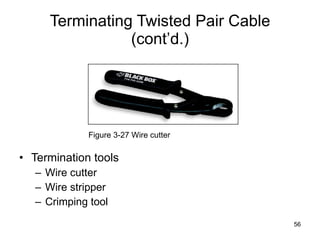 Terminating Twisted Pair Cable (cont’d.) Termination tools Wire cutter Wire stripper Crimping tool Figure 3-27 Wire cutter 