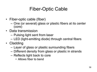 Fiber-Optic Cable Fiber-optic cable (fiber) One (or several) glass or plastic fibers at its center (core) Data transmission Pulsing light sent from laser LED (light-emitting diode) through central fibers Cladding Layer of glass or plastic surrounding fibers Different density from glass or plastic in strands Reflects light back to core Allows fiber to bend 