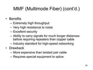 MMF (Multimode Fiber) (cont’d.) Benefits Extremely high throughput Very high resistance to noise Excellent security Ability to carry signals for much longer distances before requiring repeaters than copper cable Industry standard for high-speed networking Drawback More expensive than twisted pair cable Requires special equipment to splice 