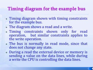 Timing diagram for the example busTiming diagram shown with timing constraints for the example bus.The diagram shows a read and a write.Timing constraints shown only for read operation,   but similar constraints applies to the write operation.The bus is normally in read mode, since that does not change any state.During a read the external device or memory is sending a value on the data lines, while during a write the CPU is controlling the data lines.