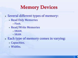 Memory DevicesSeveral different types of memory:Read Only MemoriesFlash.Read/Write MemoriesDRAM.SRAM.Each type of memory comes in varying:Capacities.Widths.