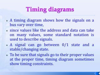 Timing diagramsA timing diagram shows how the signals on a bus vary over time, since values like the address and data can take on many values, some standard notation is used to describe signals.A signal can go between 0/1 state and a stable/changing state.To be sure that signals go to their proper values at the proper time, timing diagram sometimes show timing constraints. 