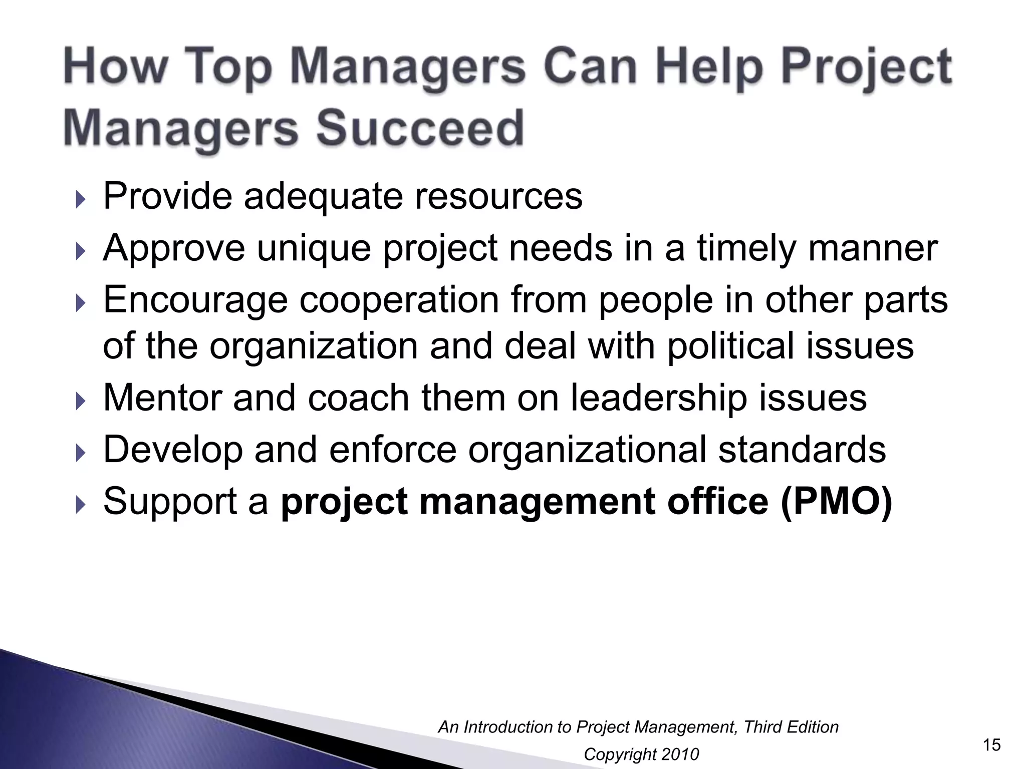How Top Managers Can Help Project Managers SucceedProvide adequate resourcesApprove unique project needs in a timely mannerEncourage cooperation from people in other parts of the organization and deal with political issuesMentor and coach them on leadership issuesDevelop and enforce organizational standardsSupport a project management office (PMO)15