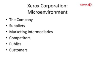 Xerox Corporation: MicroenvironmentThe CompanySuppliersMarketing IntermediariesCompetitorsPublicsCustomers
