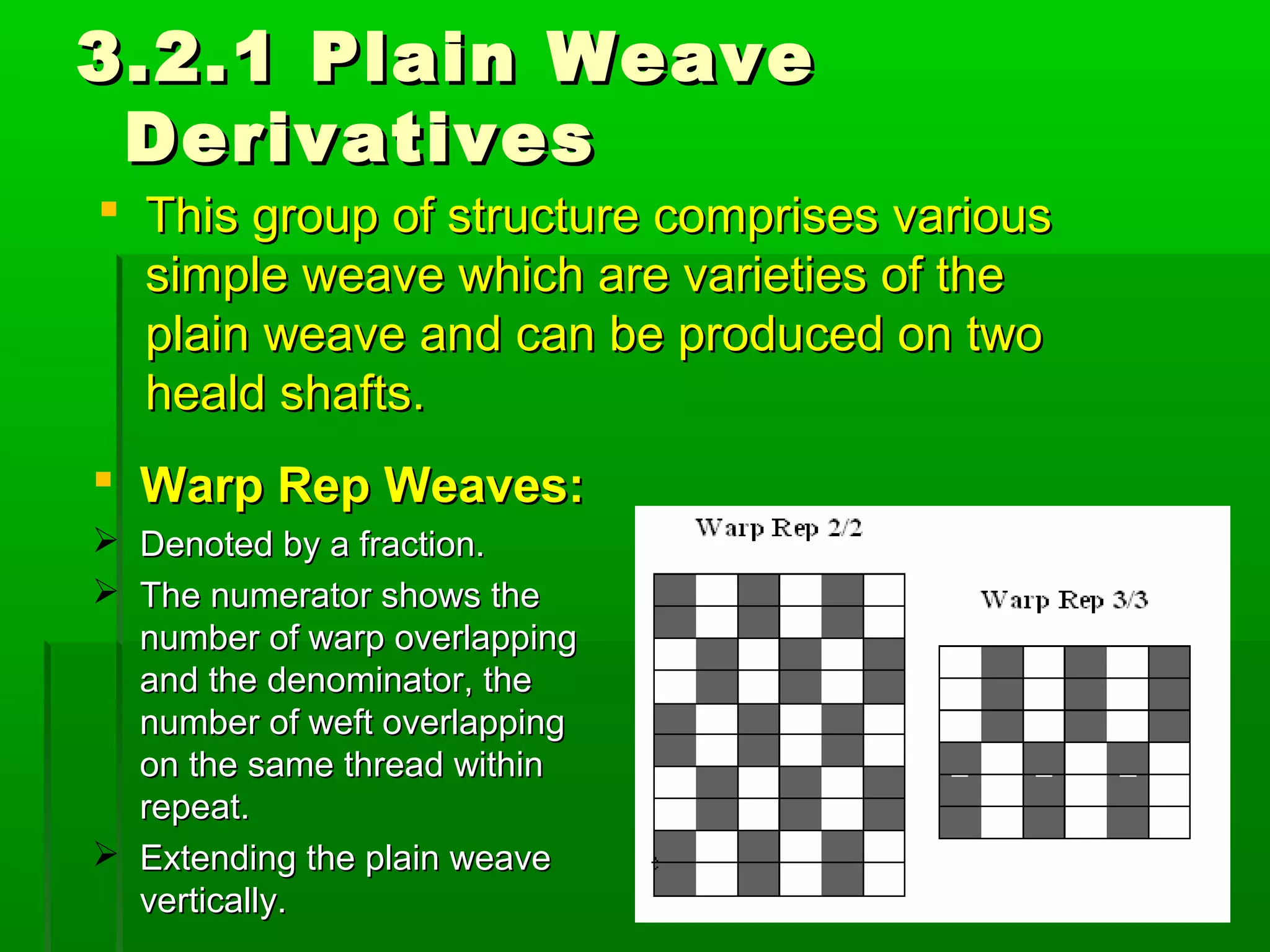 3.2.1 Plain Weave3.2.1 Plain Weave
DerivativesDerivatives
 This group of structure comprises variousThis group of structure comprises various
simple weave which are varieties of thesimple weave which are varieties of the
plain weave and can be produced on twoplain weave and can be produced on two
heald shafts.heald shafts.
 Warp Rep Weaves:Warp Rep Weaves:
 Denoted by a fraction.Denoted by a fraction.
 The numerator shows theThe numerator shows the
number of warp overlappingnumber of warp overlapping
and the denominator, theand the denominator, the
number of weft overlappingnumber of weft overlapping
on the same thread withinon the same thread within
repeat.repeat.
 Extending the plain weaveExtending the plain weave
vertically.vertically.
 