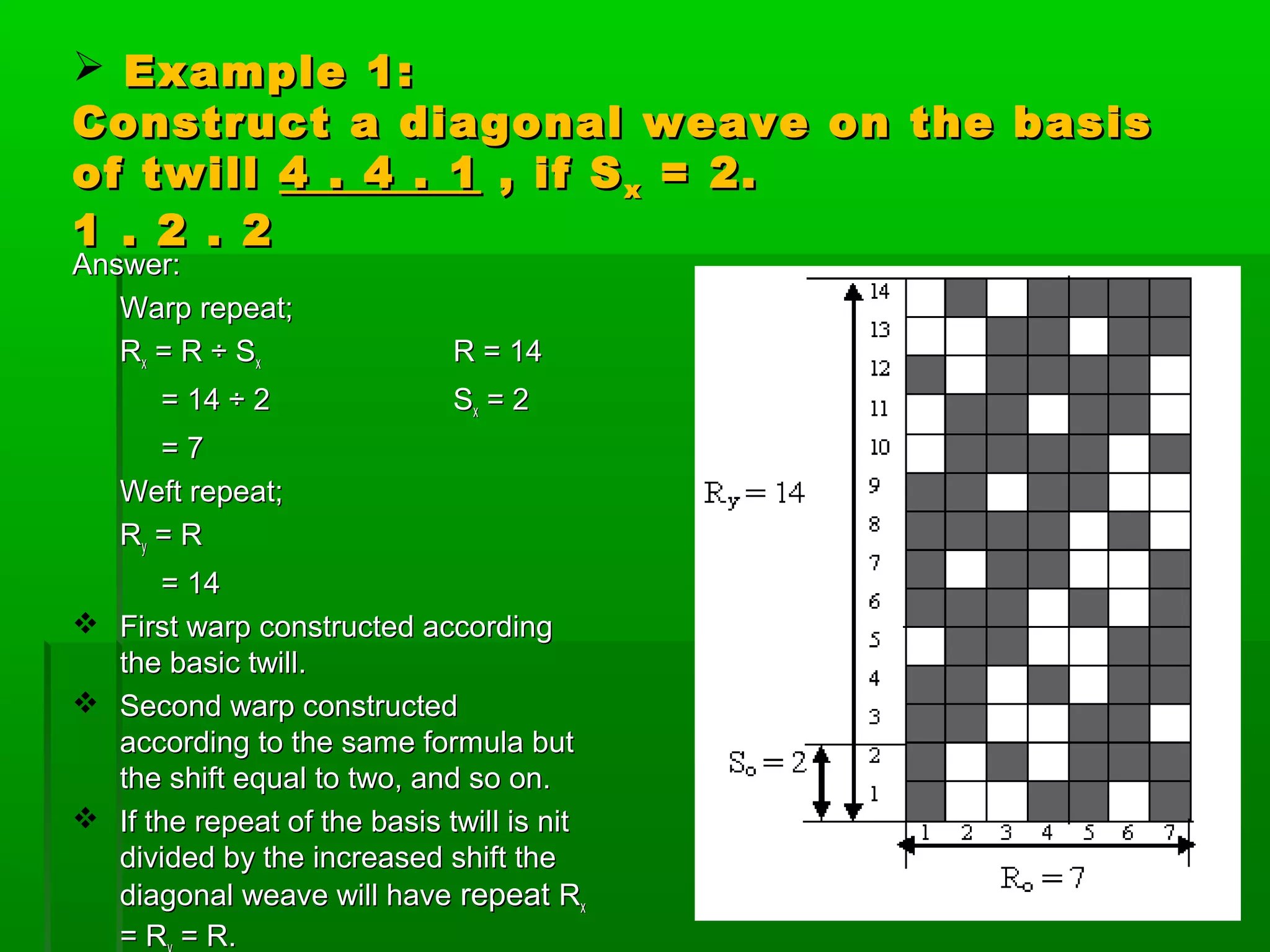  Example 1:Example 1:
Construct a diagonal weave on the basisConstruct a diagonal weave on the basis
of twillof twill 4 . 4 . 14 . 4 . 1 , if S, if Sxx = 2.= 2.
1 . 2 . 21 . 2 . 2
Answer:Answer:
Warp repeat;Warp repeat;
RRxx = R ÷ S= R ÷ Sxx R = 14R = 14
= 14 ÷ 2= 14 ÷ 2 SSxx = 2= 2
= 7= 7
Weft repeat;Weft repeat;
RRyy = R= R
= 14= 14
 First warp constructed accordingFirst warp constructed according
the basic twill.the basic twill.
 Second warp constructedSecond warp constructed
according to the same formula butaccording to the same formula but
the shift equal to two, and so on.the shift equal to two, and so on.
 If the repeat of the basis twill is nitIf the repeat of the basis twill is nit
divided by the increased shift thedivided by the increased shift the
diagonal weave will havediagonal weave will have repeatrepeat RRxx
= R= R = R.= R.
 