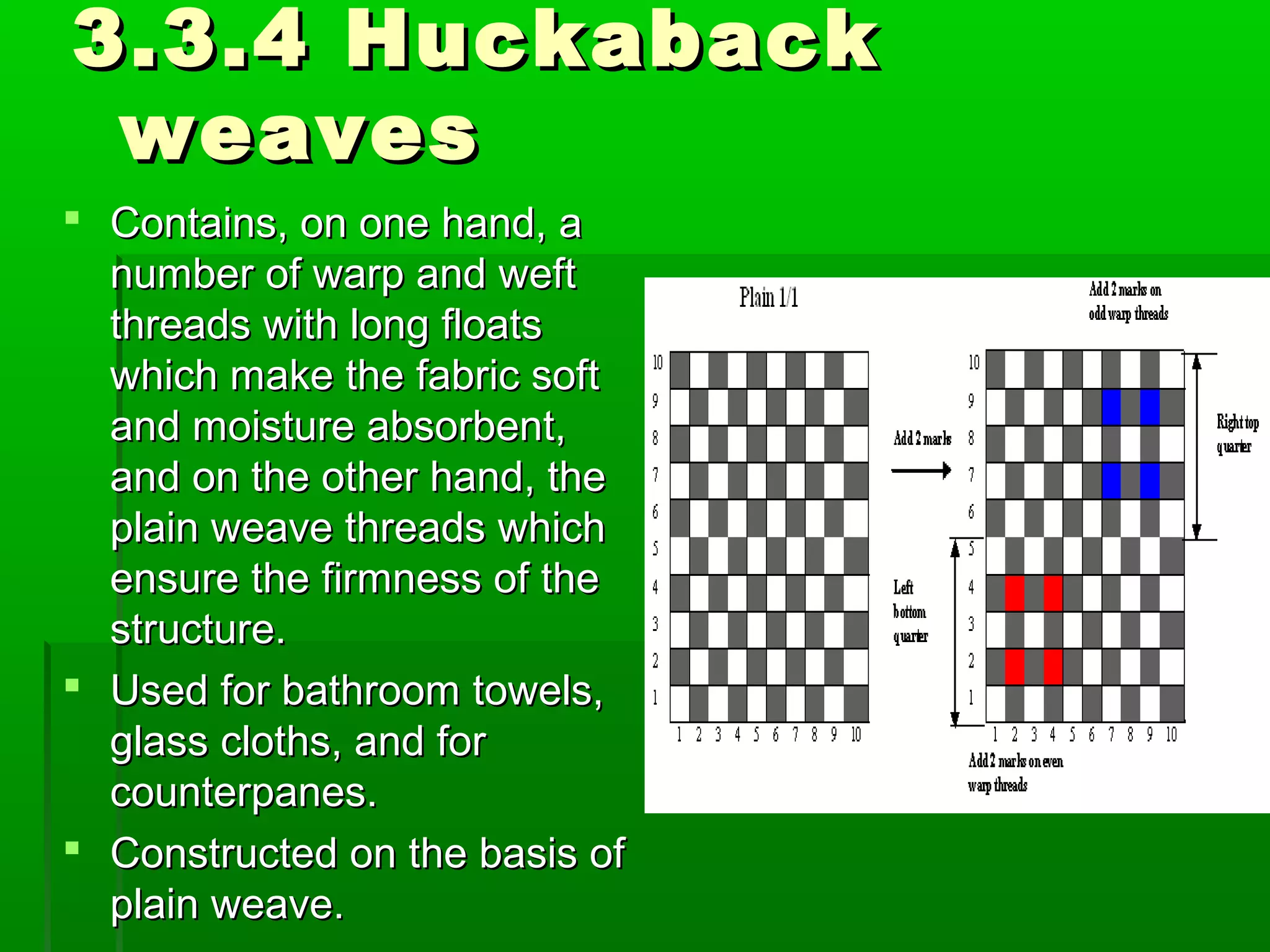 3.3.4 Huckaback3.3.4 Huckaback
weavesweaves
 Contains, on one hand, aContains, on one hand, a
number of warp and weftnumber of warp and weft
threads with long floatsthreads with long floats
which make the fabric softwhich make the fabric soft
and moisture absorbent,and moisture absorbent,
and on the other hand, theand on the other hand, the
plain weave threads whichplain weave threads which
ensure the firmness of theensure the firmness of the
structure.structure.
 Used for bathroom towels,Used for bathroom towels,
glass cloths, and forglass cloths, and for
counterpanes.counterpanes.
 Constructed on the basis ofConstructed on the basis of
plain weave.plain weave.
 