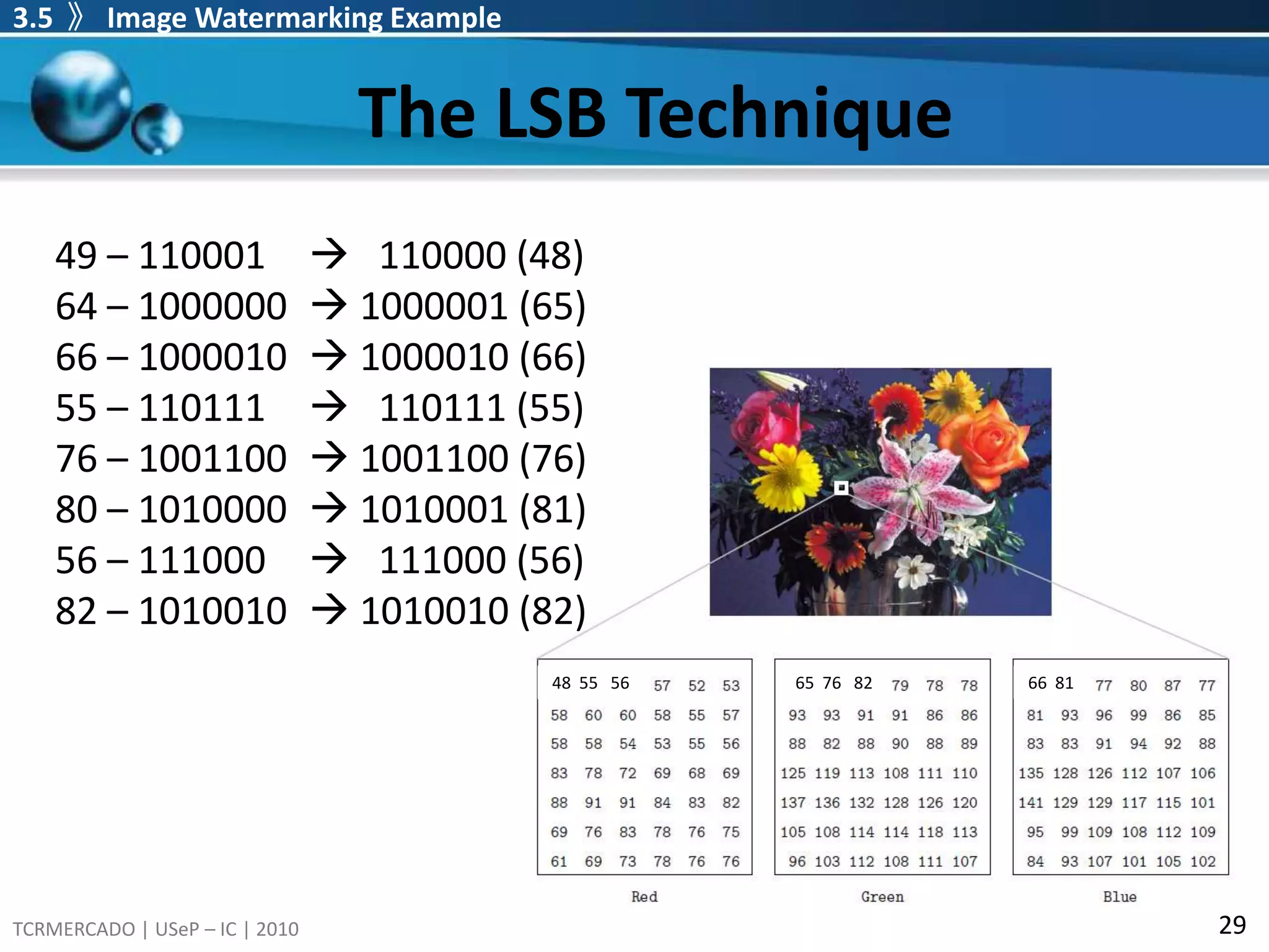 Graphic/Image File FormatsGraphic/Image Data Structures Pixels: picture elements in digital images Image Resolution:number of pixels in a digital image (Higher resolution always yields better quality.) Bit-Map: a representation for the graphic/image data in the same manner as they are stored in video memory. 3.3  》Geometric Models of Watermarking