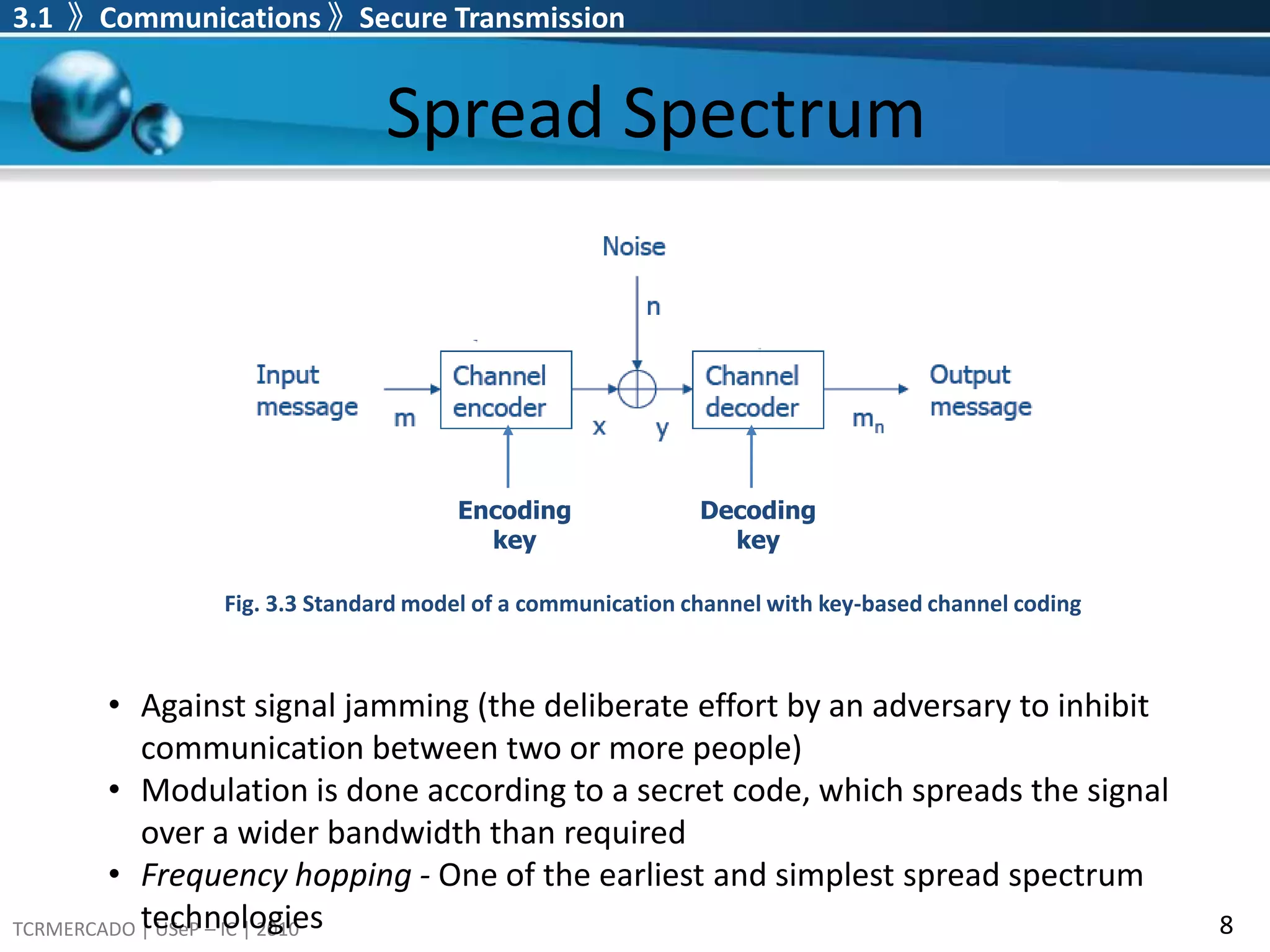 At the receiver, the ciphertext is received and decrypted using the related key to reveal the cleartextCryptography3.1  》Communications 》Secure Transmission Fig. 3.2 Standard model of a communication channel with encryptionTwo uses of cryptography: