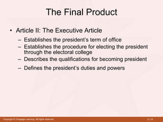 The Final Product Article II: The Executive Article Establishes the president’s term of office Establishes the procedure for electing the president through the electoral college   Describes the qualifications for becoming president   Defines the president’s duties and powers 