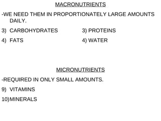 MACRONUTRIENTS -WE NEED THEM IN PROPORTIONATELY LARGE AMOUNTS DAILY. CARBOHYDRATES 3) PROTEINS FATS 4) WATER MICRONUTRIENTS -REQUIRED IN ONLY SMALL AMOUNTS. VITAMINS MINERALS 