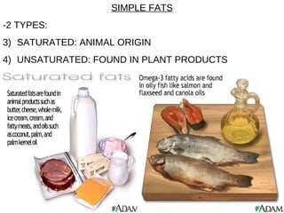 SIMPLE FATS -2 TYPES:  SATURATED: ANIMAL ORIGIN UNSATURATED: FOUND IN PLANT PRODUCTS 