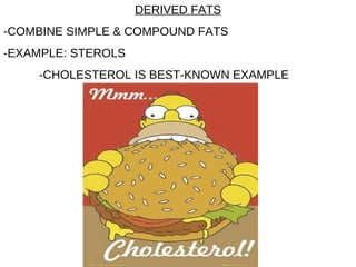 DERIVED FATS -COMBINE SIMPLE & COMPOUND FATS -EXAMPLE: STEROLS -CHOLESTEROL IS BEST-KNOWN EXAMPLE 