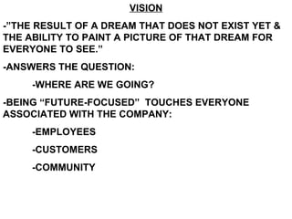 VISION -”THE RESULT OF A DREAM THAT DOES NOT EXIST YET & THE ABILITY TO PAINT A PICTURE OF THAT DREAM FOR EVERYONE TO SEE.” -ANSWERS THE QUESTION: -WHERE ARE WE GOING? -BEING “FUTURE-FOCUSED”  TOUCHES EVERYONE ASSOCIATED WITH THE COMPANY: -EMPLOYEES -CUSTOMERS -COMMUNITY 