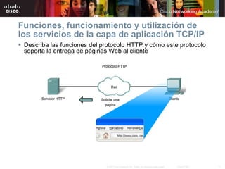Funciones, funcionamiento y utilización de los servicios de la capa de aplicación TCP/IP Describa las funciones del protocolo HTTP y cómo este protocolo soporta la entrega de páginas Web al cliente 