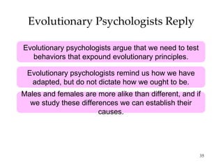Evolutionary Psychologists Reply Evolutionary psychologists argue that we need to test behaviors that expound evolutionary principles. Evolutionary psychologists remind us how we have adapted, but do not dictate how we ought to be. Males and females are more alike than different, and if we study these differences we can establish their causes. 