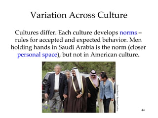 Variation Across Culture Cultures differ. Each culture develops  norms  – rules for accepted and expected behavior. Men holding hands in Saudi Arabia is the norm (closer  personal space ), but not in American culture. Jason Reed/ Reuters/Corbis 
