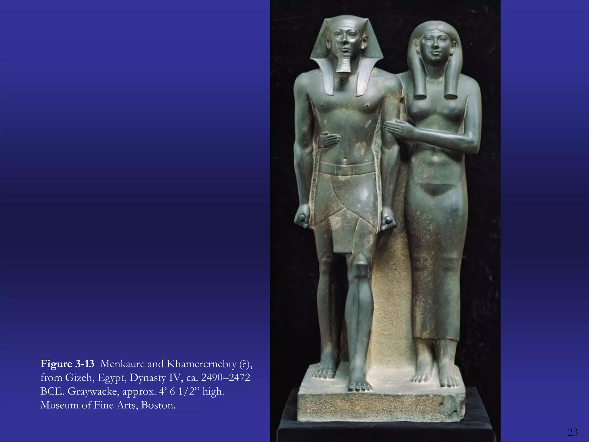 23Figure 3-13  Menkaure and Khamerernebty (?), from Gizeh, Egypt, Dynasty IV, ca. 2490–2472 BCE. Graywacke, approx. 4’ 6 1/2” high. Museum of Fine Arts, Boston.