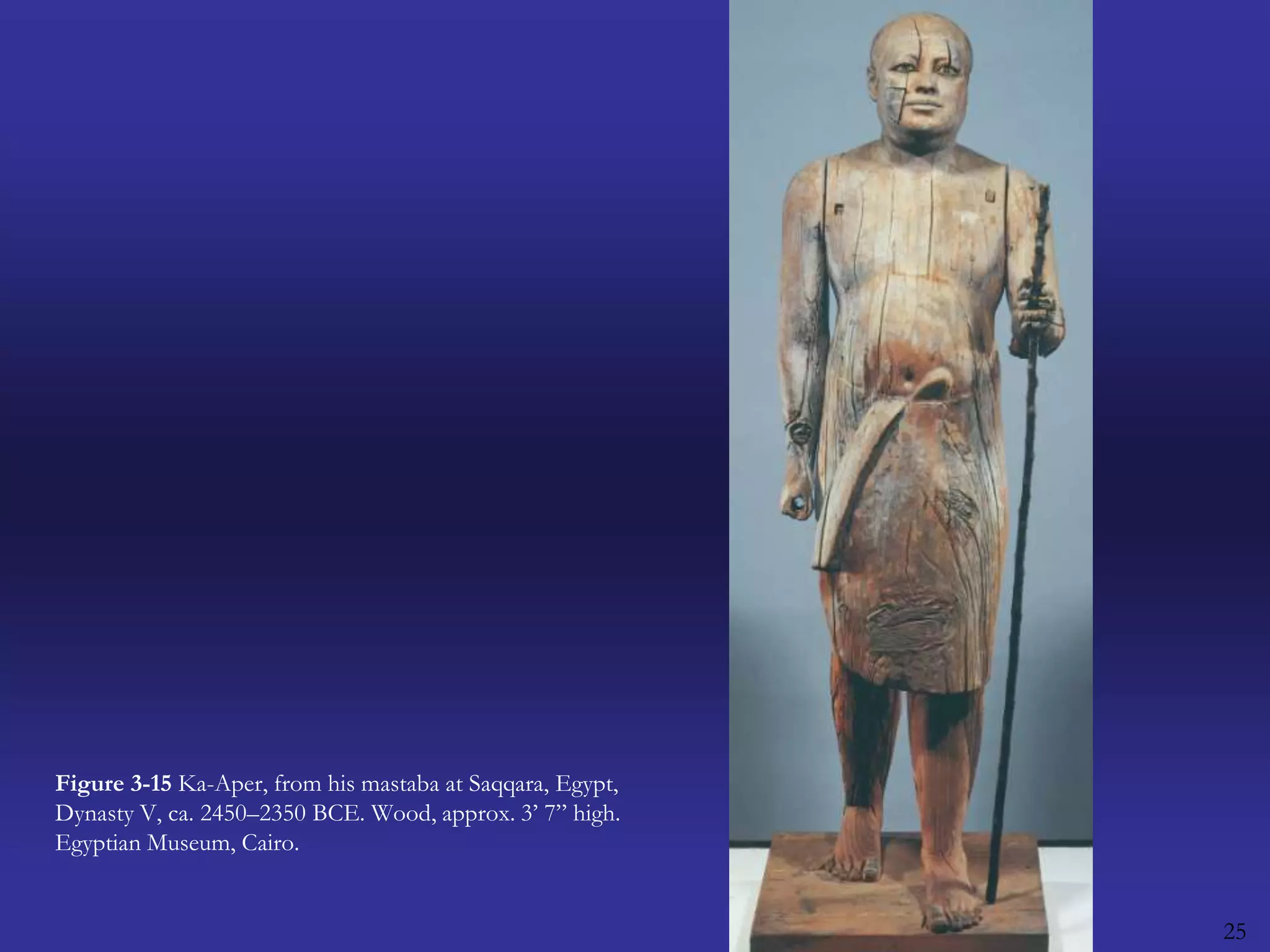 25Figure 3-15 Ka-Aper, from his mastaba at Saqqara, Egypt, Dynasty V, ca. 2450–2350 BCE. Wood, approx. 3’ 7” high. Egyptian Museum, Cairo.