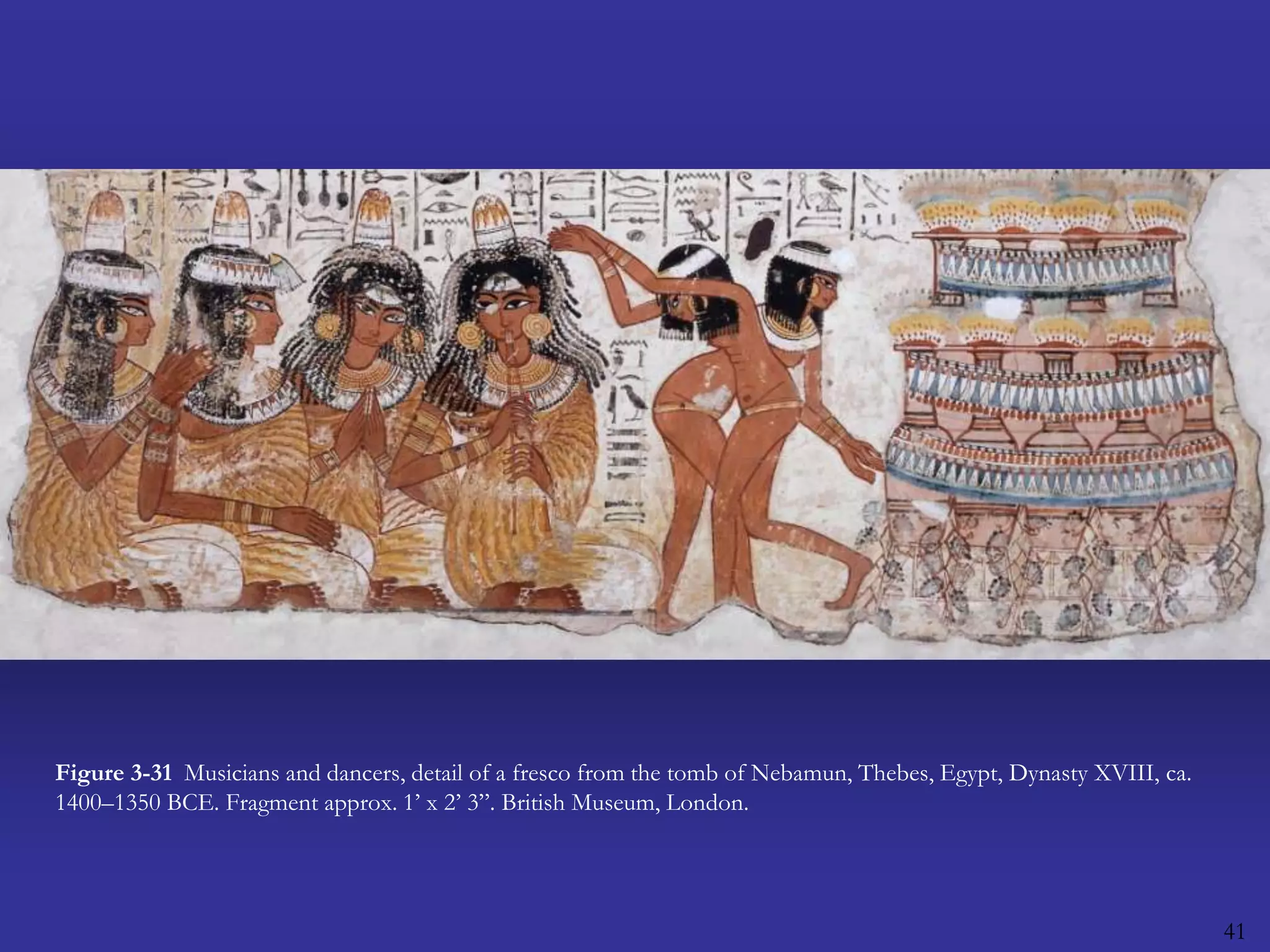 41Figure 3-31  Musicians and dancers, detail of a fresco from the tomb of Nebamun, Thebes, Egypt, Dynasty XVIII, ca. 1400–1350 BCE. Fragment approx. 1’ x 2’ 3”. British Museum, London.