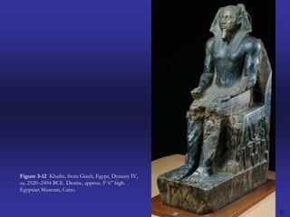20Figure 3-12  Khafre, from Gizeh, Egypt, Dynasty IV, ca. 2520–2494 BCE. Diorite, approx. 5’ 6” high. Egyptian Museum, Cairo.