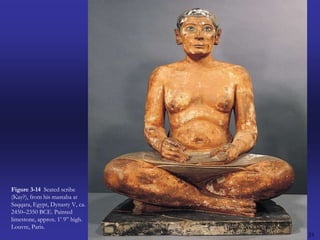 24Figure 3-14  Seated scribe (Kay?), from his mastaba at Saqqara, Egypt, Dynasty V, ca. 2450–2350 BCE. Painted limestone, approx. 1’ 9” high. Louvre, Paris.