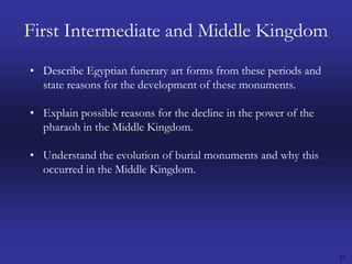27First Intermediate and Middle KingdomDescribe Egyptian funerary art forms from these periods and state reasons for the development of these monuments.Explain possible reasons for the decline in the power of the pharaoh in the Middle Kingdom. Understand the evolution of burial monuments and why this occurred in the Middle Kingdom.