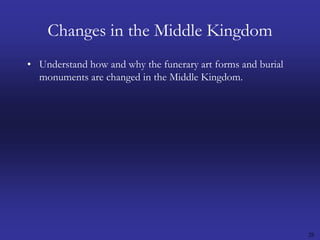 28Changes in the Middle KingdomUnderstand how and why the funerary art forms and burial monuments are changed in the Middle Kingdom.