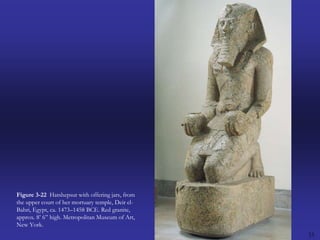 33Figure 3-22  Hatshepsut with offering jars, from the upper court of her mortuary temple, Deir el-Bahri, Egypt, ca. 1473–1458 BCE. Red granite, approx. 8’ 6” high. Metropolitan Museum of Art, New York.