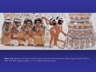 41Figure 3-31  Musicians and dancers, detail of a fresco from the tomb of Nebamun, Thebes, Egypt, Dynasty XVIII, ca. 1400–1350 BCE. Fragment approx. 1’ x 2’ 3”. British Museum, London.
