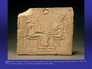 45Figure 3-35  Akhenaton, Nefertiti, and three daughters, from Tell el-Amarna, Egypt, Dynasty XVIII, ca. 1353–1335 BCE. Limestone, approx. 12 1/4” high. Ägyptisches Museum, Berlin.