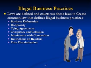 Illegal Business Practices Laws are defined and courts use these laws to Create common law that defines illegal business practices Business Defamation Reciprocity Tying Agreements Conspiracy and Collusion Interference with Competitors Restrictions on Resellers Price Discrimination  