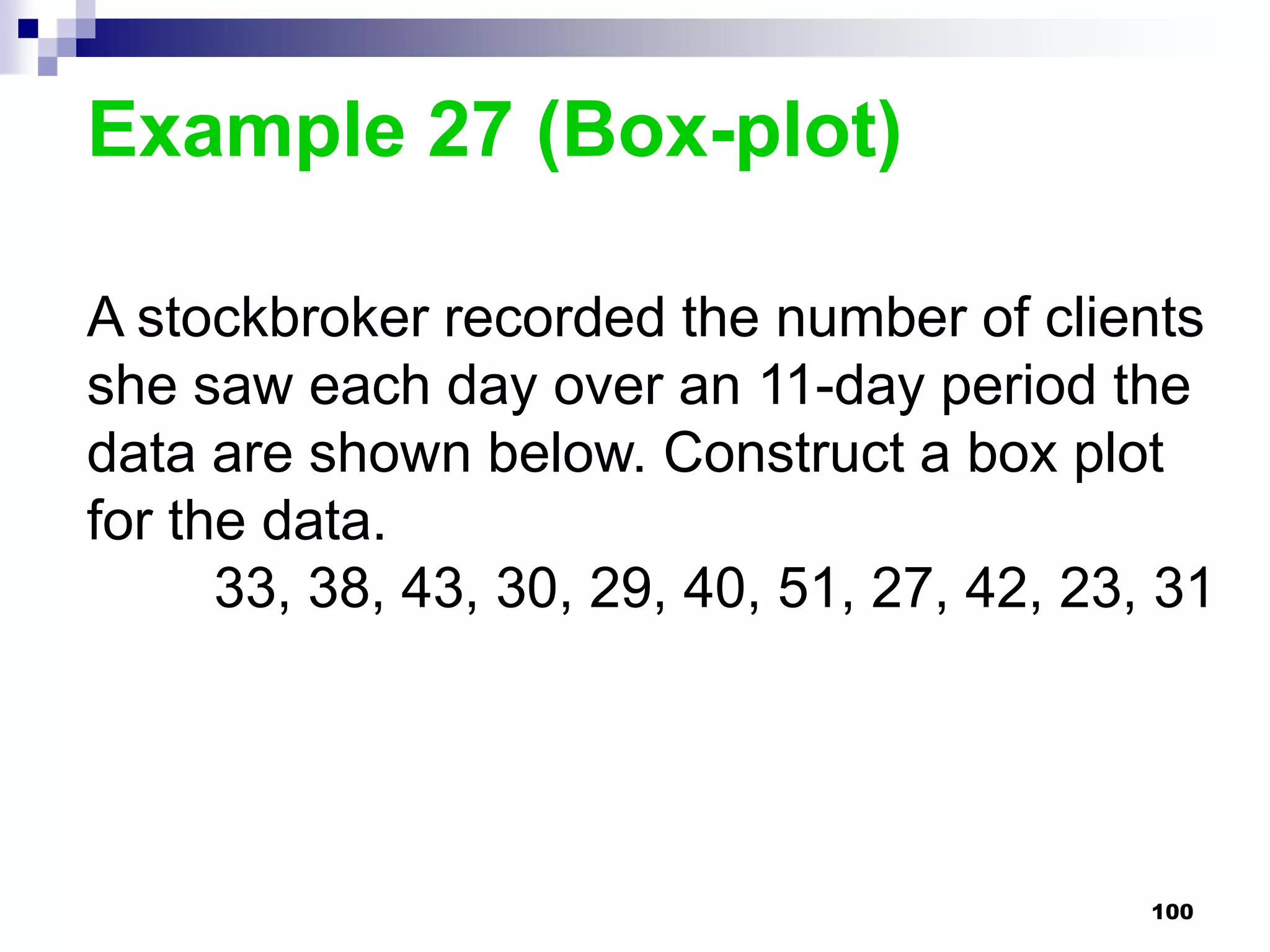 Example 27 (Box-plot)

A stockbroker recorded the number of clients
she saw each day over an 11-day period the
data are shown below. Construct a box plot
for the data.
      33, 38, 43, 30, 29, 40, 51, 27, 42, 23, 31




                                             100
 